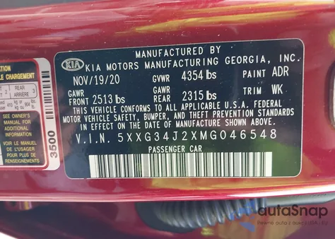 2021 Kia K5 Ex from USA, damaged, VIN 5XXG34J2XMG046548